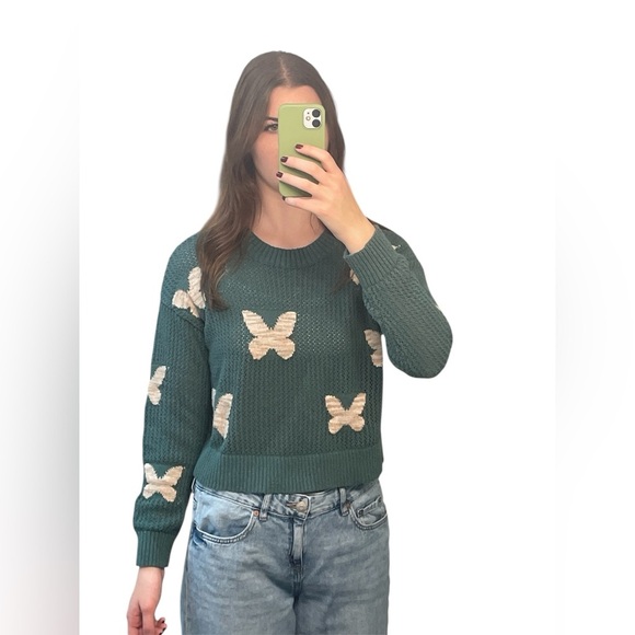 Sugar Moon Sweaters - Sugar Moon Green & Tan Knitted Butterfly Cropped Sweater Size Large Girls EUC